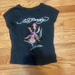 Ed Hardy Black Tee with Colorful Floral Embroidery